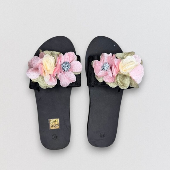 Shoes - Black Floral Slide Sandals Pink Flower Slides Size 38